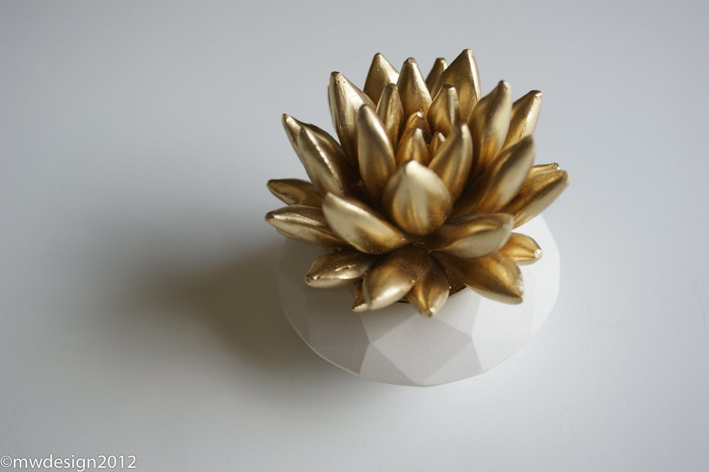 Succulent Sculpture in White Modern Faceted Geometric Container, Spring Tabletop, Wedding Centerpiece