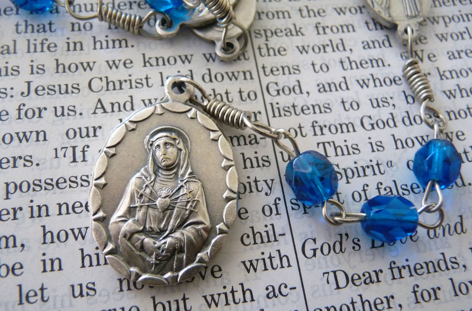 Chaplet of the Seven Sorrows of Mary - blue fire-polished glass