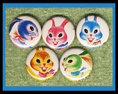 5 colorful Bunny Rabbits 1" inch buttons, medallions or magnets SET A