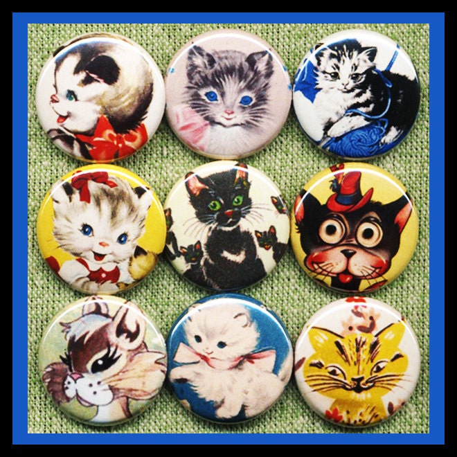 9 SUPER adorable kitty CATS 1" inch buttons, medallions or magnets SET C