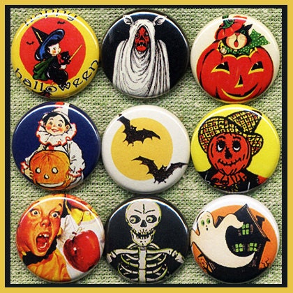 9 vintage HALLOWEEN 1" inch buttons, medallions or magnets SET A