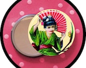 ASIAN girl with FAN 2.25 inch pocket MIRROR, button or magnet 2 1/4 size