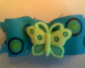 Dog Bow, Blue with Green Circles, Butterfly. Size 5/8.