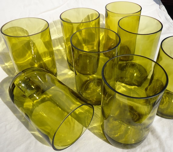 Upcycled Wine Bottle Glasses made from Recycled Yellow Wine Bottles 12oz  Set of 8