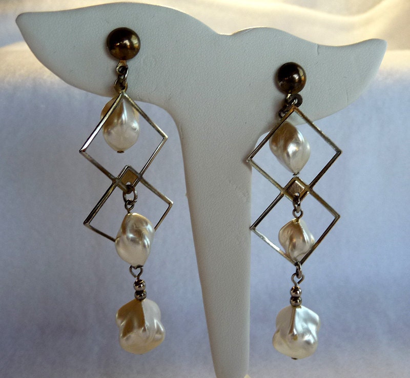 Vintage Faux Baroque Pearls in Diamonds - Dangling Pierced Earrings
