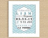 Chevron Baby Boy Birth Announcement Nursery Print 8 x 10  - Can do any color