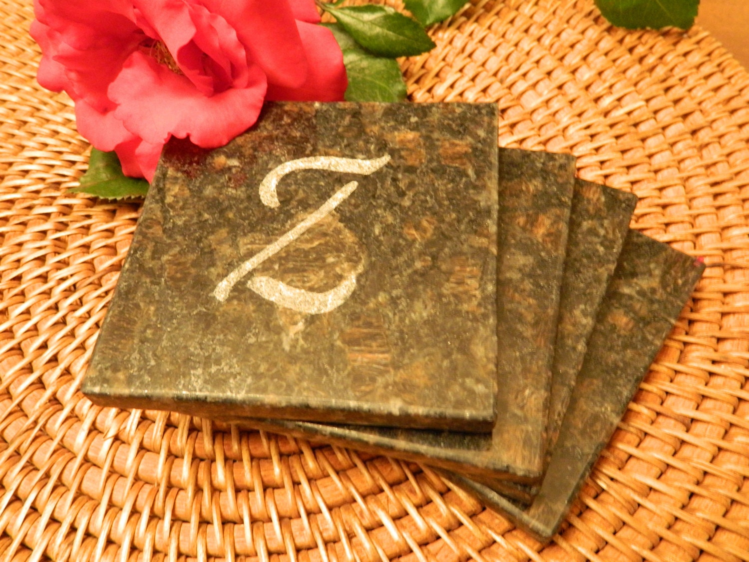 Custom GRANITE COASTERS Etched In Stone - Set of 4 - Personalized Initial - Z - Tan BROWN