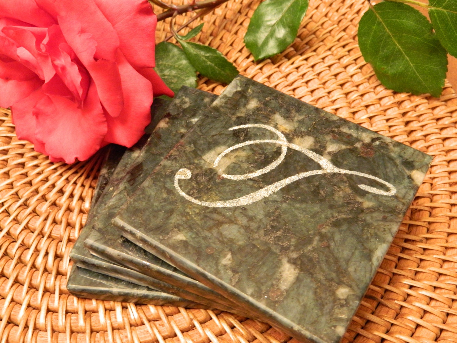Custom MONOGRAM GRANITE COASTERS, Personalized, Etched In Stone, Initial T, Set Of 4