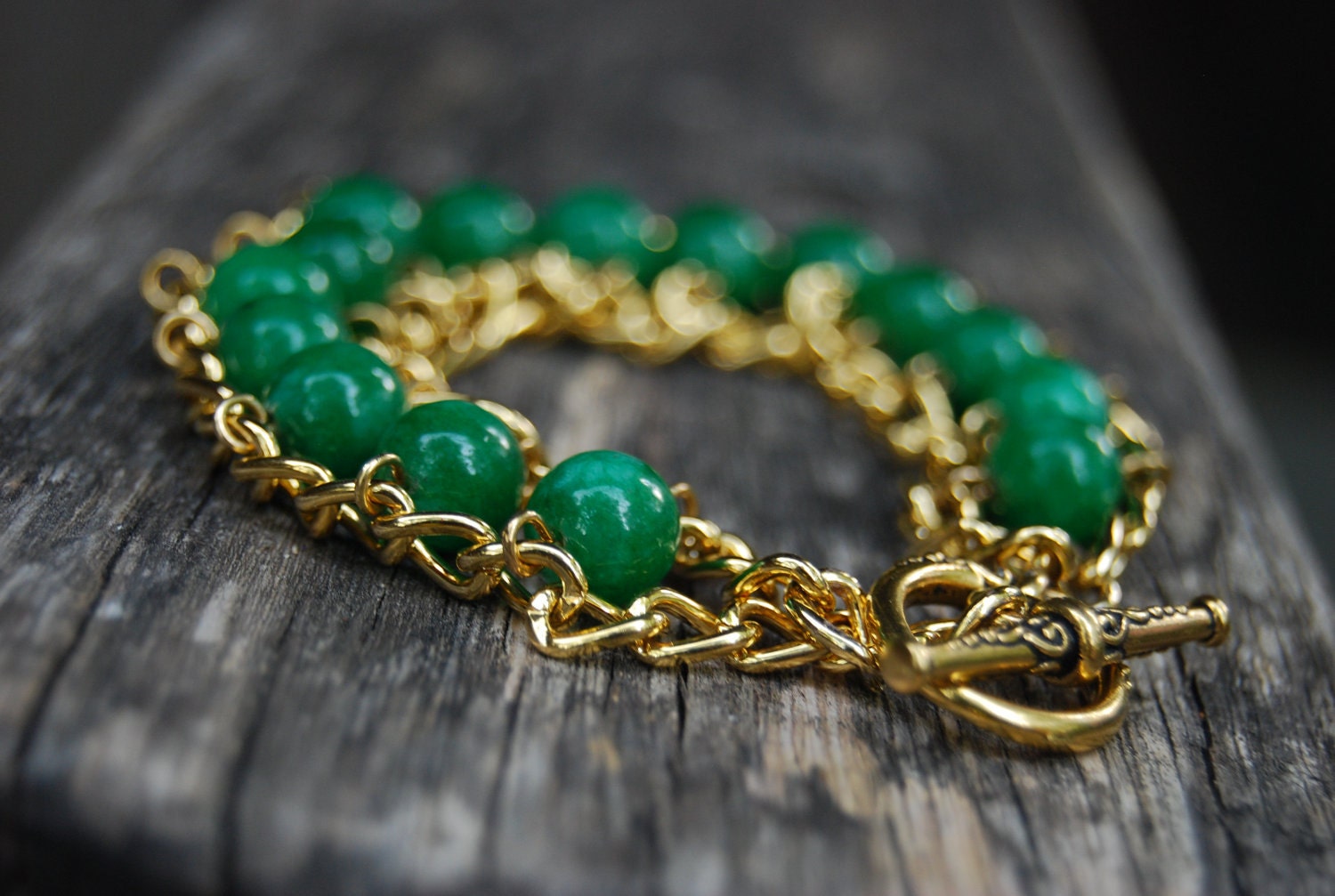 Emerald Green Jade Wrap Bracelet with Gold Chain and Toggle Clasp