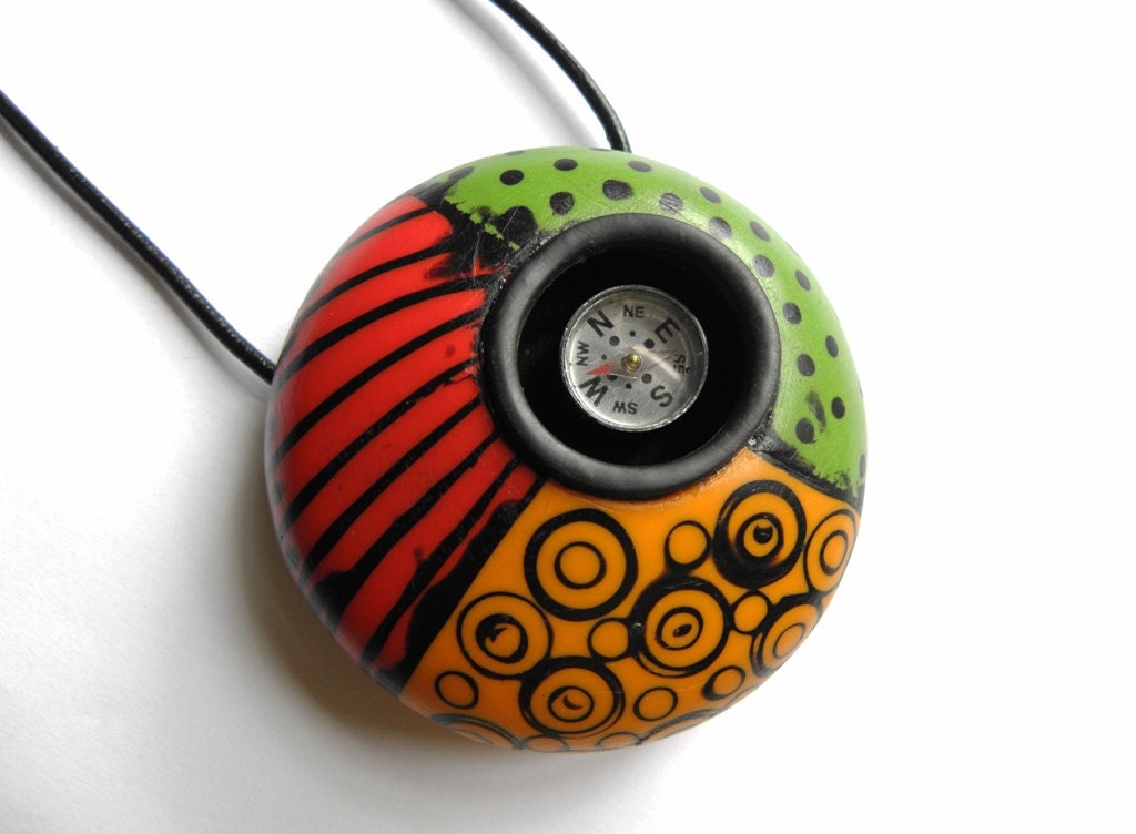 Free shipping - Compass polymer clay pendant necklace - one of a kind