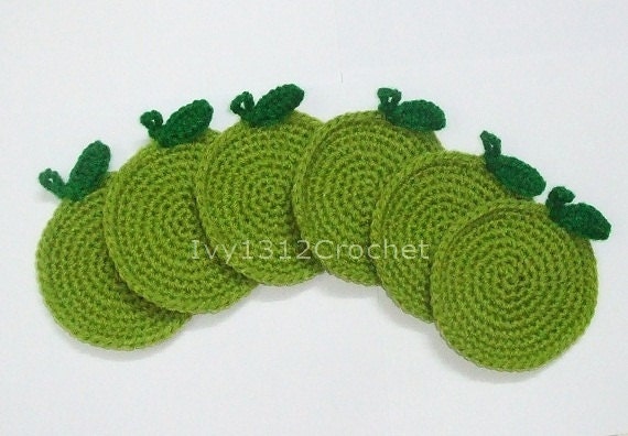 Set of 6 Green Apple Crochet Coasters - Finished Handmade Beverage Kitchen Home Decor Housewares Coasters or Potholders