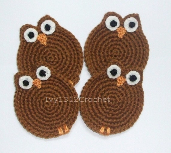Set of 6 Coffee Owls Crochet Coasters - Finished Handmade Beverage Kitchen Home Decor Housewares Coasters or Potholders