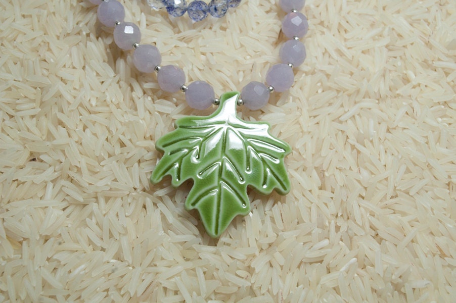 Purple Beaded Necklace with Leaf pendant