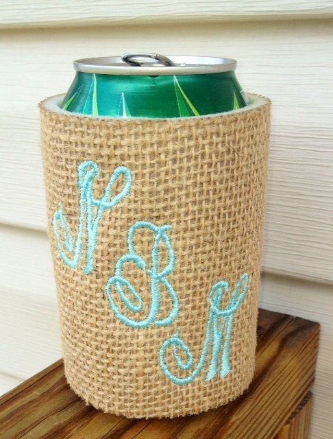 Monogram Koozie Burlap- Insulated- Fits can or bottle drinks Lots of Burlap colors available