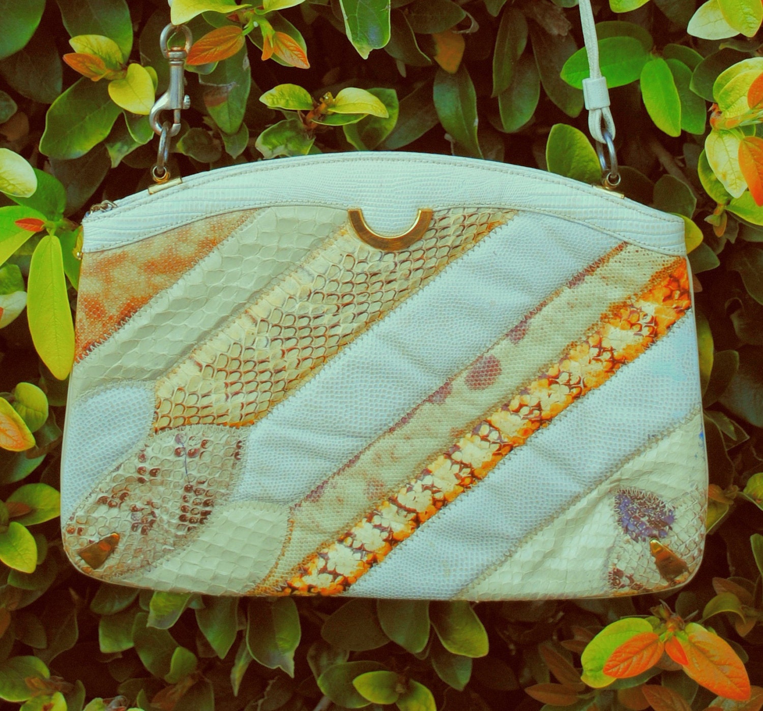 1970s White/Cream Snakeskin Leather Patchwork Purse