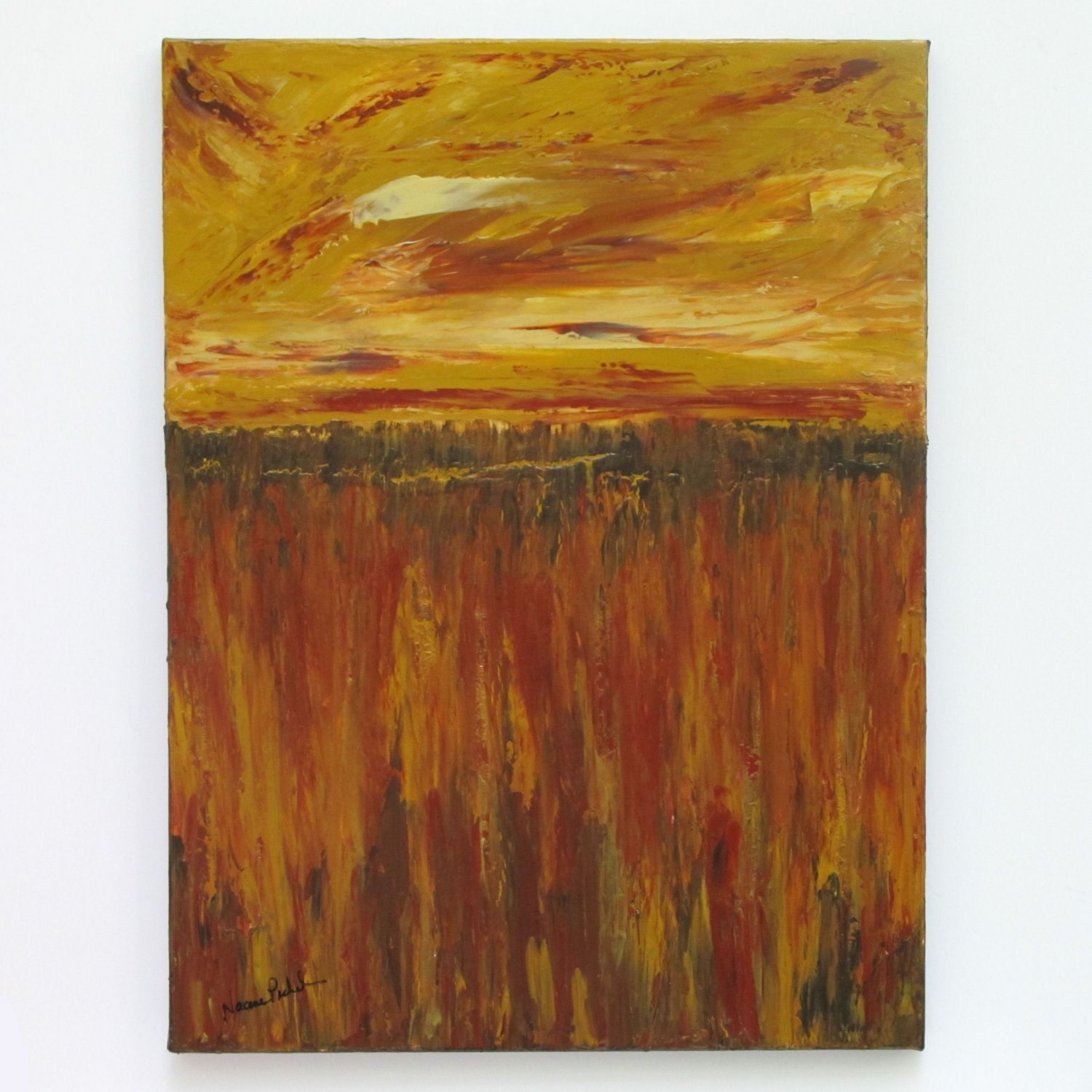 Acrylic Painting Abstract Art Brown Gold Rust 18x24 Minimalist Landscape by Nacene Prchal - Warm Earth Tones