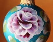 One Stroke Painting, hand painted aqua colored glass Christmas tree holiday ornament with red roses, green and white leaves