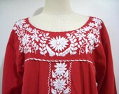 Mexican Embroidered Dress Long Sleeves Tunic In Red