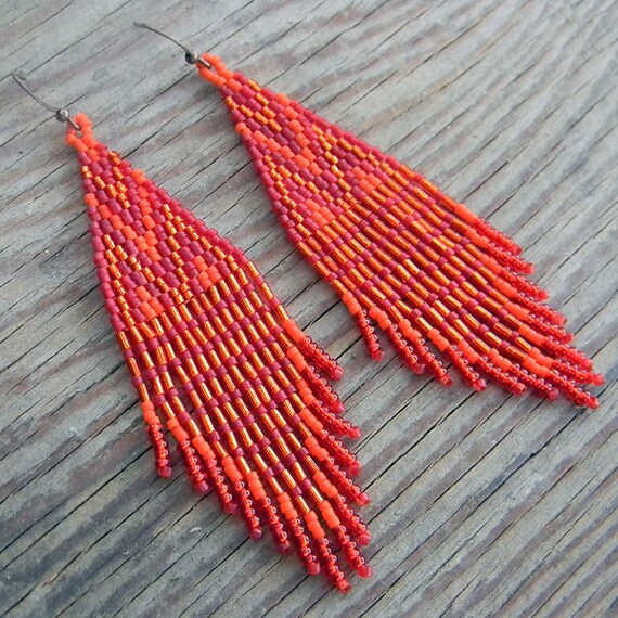 Red and orange long seed bead earrings with fringe  - boho style, tribal jewelry, peyote chandelier earrings