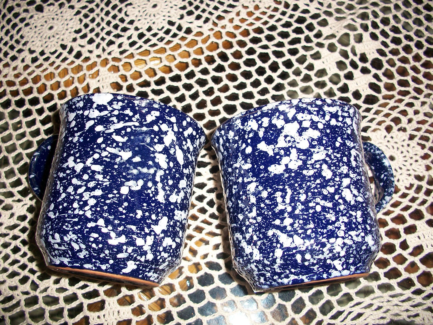 SIZZLING SUMMER SALE Nautical Vintage Blue White Speckle Mugs Shipping Included Cottage Compass Rose Maritime Merchants