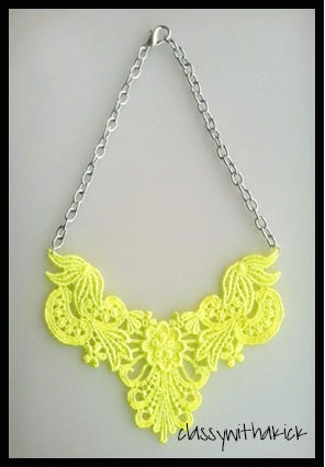 Neon Yellow Lace Bib Statement Necklace - 18 inch