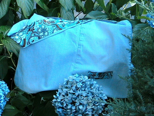 Melody of Aqua Blue, Brown & White fabric Light Blue Denim Handbag
