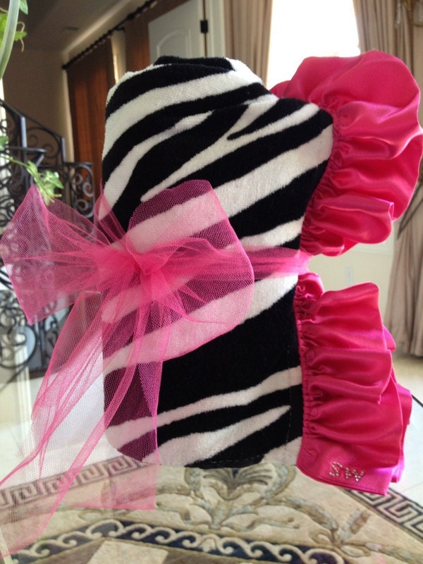 Zebra print beach towel with hot pink satin Ruffle