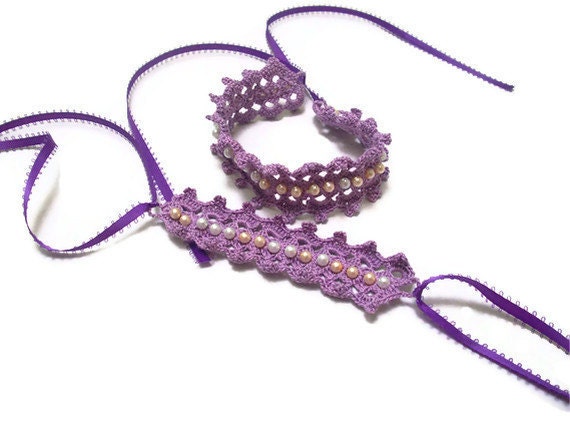 Crochet Lace Wedding Bracelet  and necklace-Bridal Cuff Wrist-Hand made by Arzu