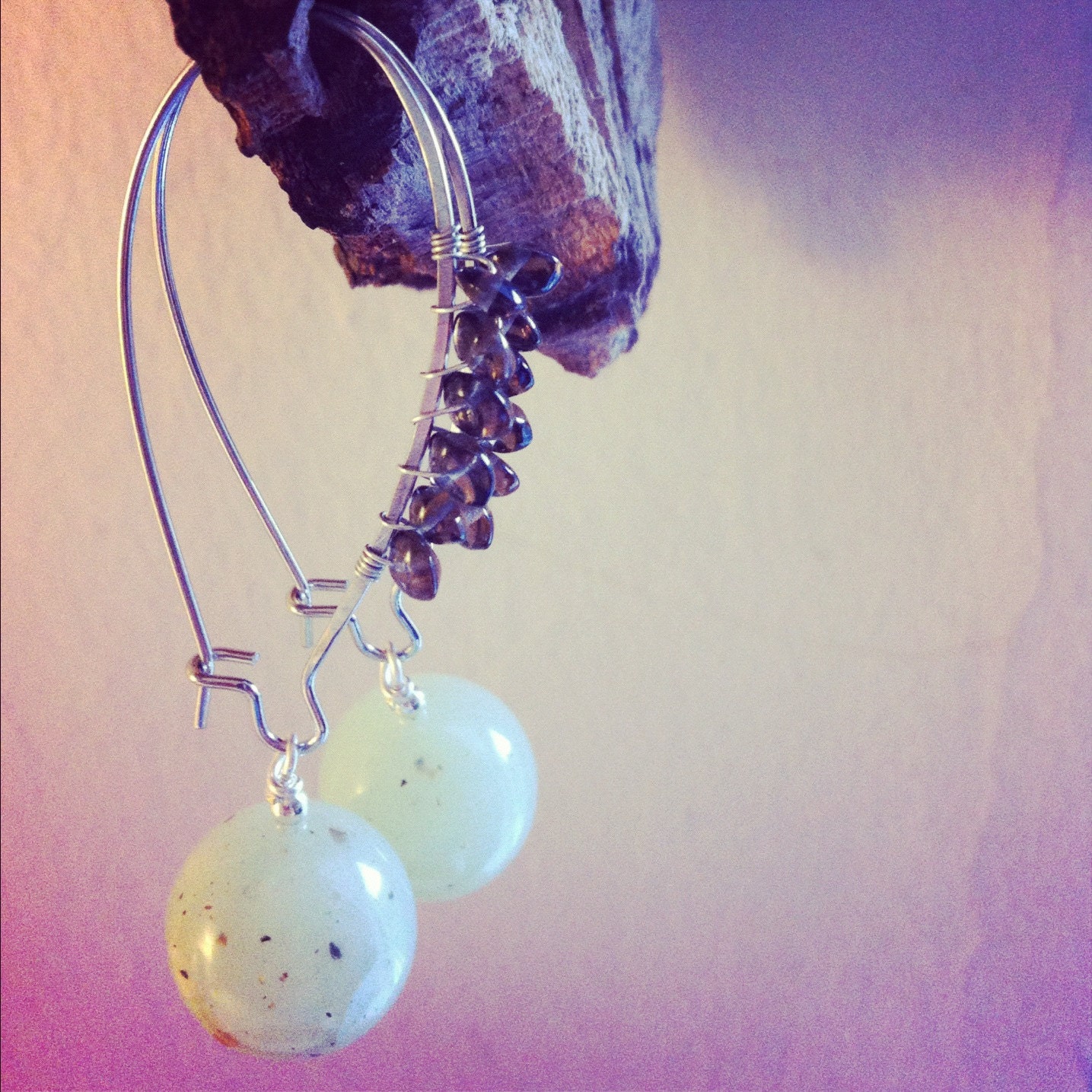 wire wrapped with smoky quartz with dangling minty/light green vintage lucite beads