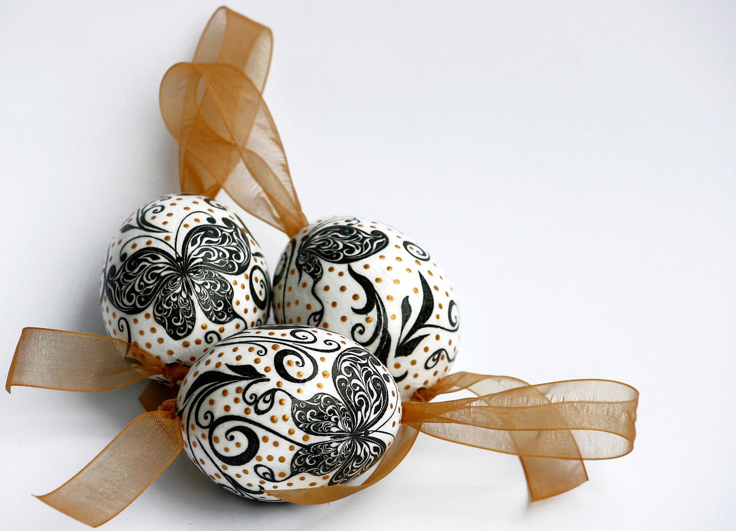 SALE 20% Set of 3 Handmade Decoupage Eggs Decorated with Butterflies Painted in Black, White and Gold