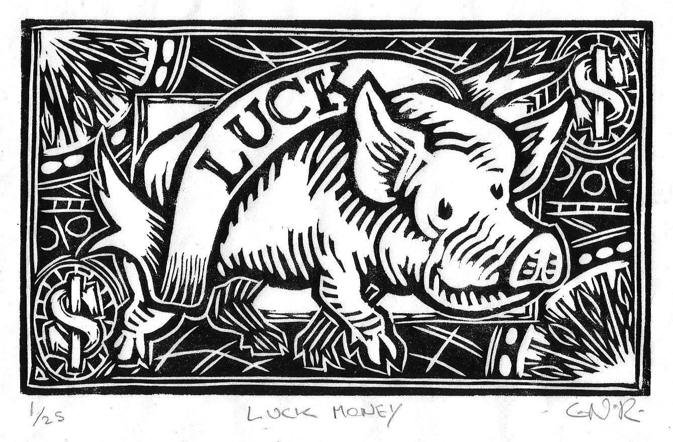 Luck Money - Linocut Block Print