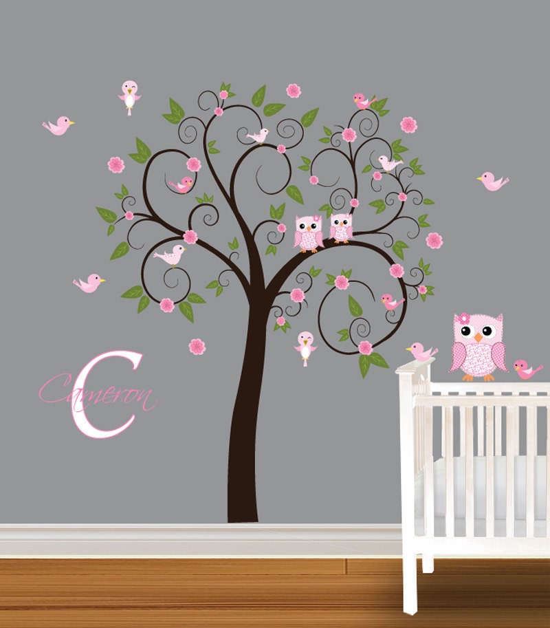 Children Wall Decal Girls Nursery Vinyl Wall Stickers Flowers Owls Curl Tree Butterflies