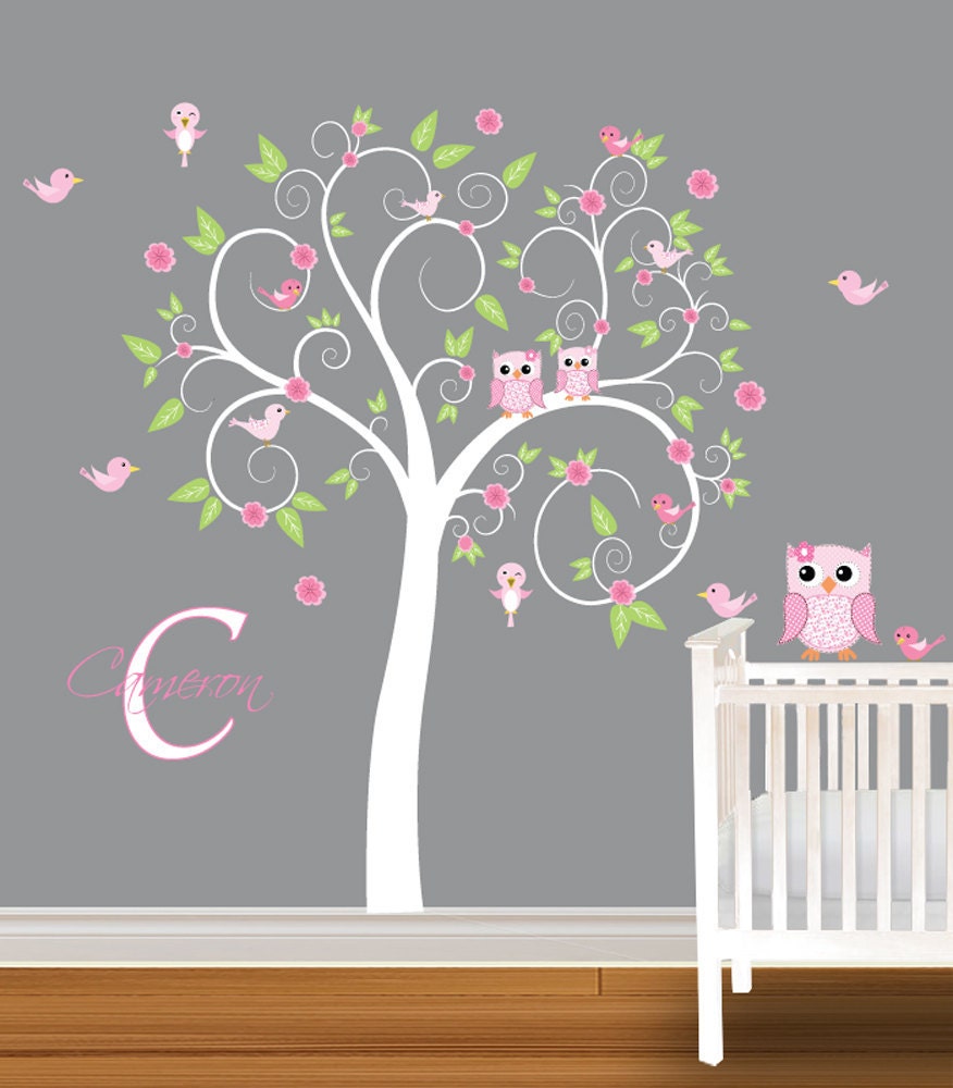 Children Wall Decal Girls Nursery Vinyl Wall Stickers Flowers Owls Curl Tree Butterflies