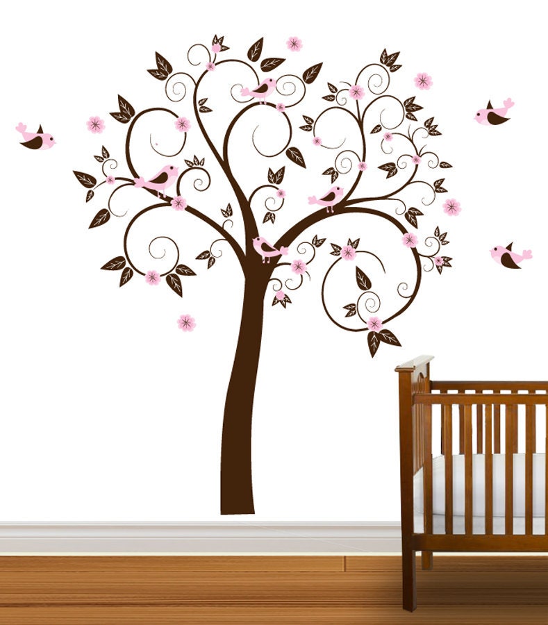 Children Wall Decal Brown Pink Girls Nursery Vinyl Wall Stickers Flowers Owls Curl Tree