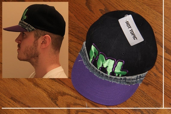FML Hat (HOT TOPIC) with Levi's Denim Trim Attached Around Front (Exceptionally Relevant and Wearable) Great Slimepunk Gift / Unique