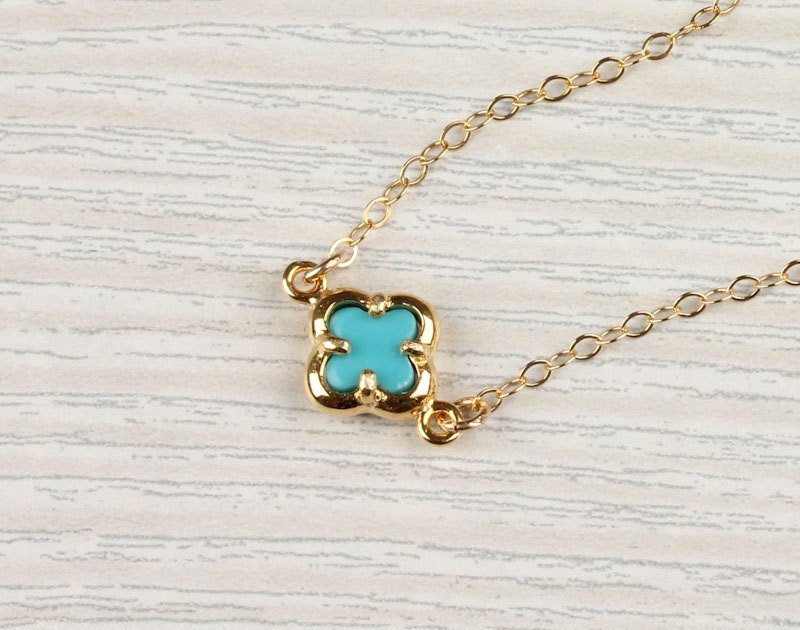 Turquoise clover necklace, lucky charm necklace, tiny gold clover, 14k gold filled, bridal necklace, "Turquoise Clover" Necklace