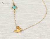 Clover turquoise necklace, butterfly gold necklace, bridesmaid necklace, lucky necklace, 14k gold filled, tiny gold clover, "Blue Butterfly"