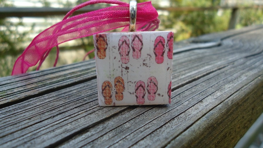 Wood Tile Beach Summer Flip Flops, Pink, Orange and White