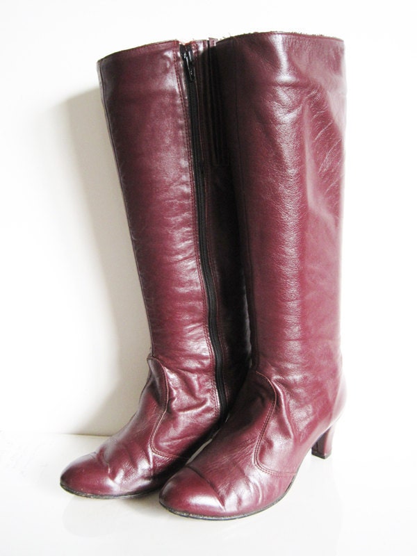 vintage hush puppies leather boots heels burgundy grape size 7.5W womens
