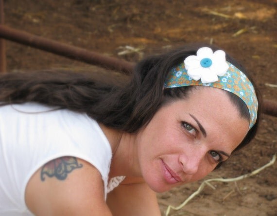 Colorful, floral Headband, ties in the back, hair band with white flower.