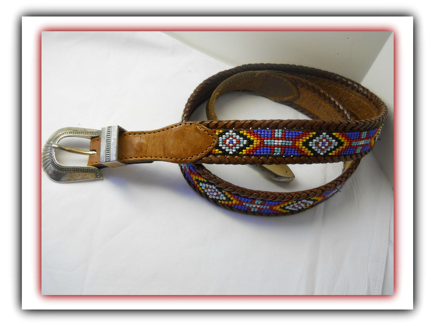 Beautiful Vintage Brown Leather Beaded Belt Boho Hippie Southwest Indian Design