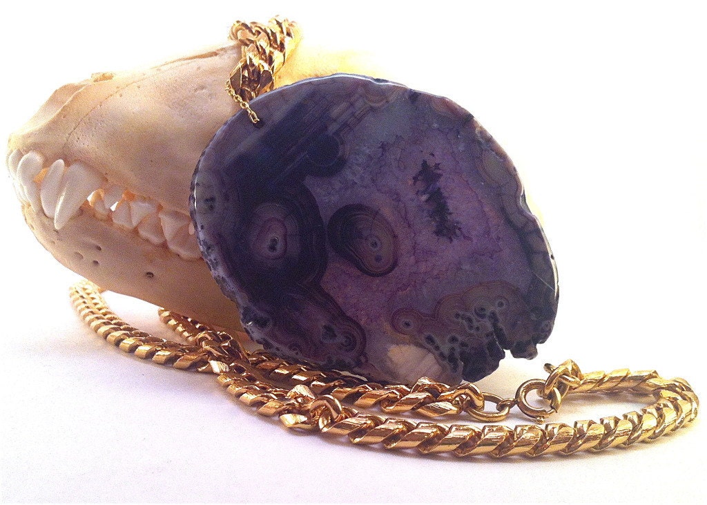 AGATE slab gold statement necklace - upcycled gold chain - minimalist jewelry - rustic stone pendant - AmateurTaxonomy