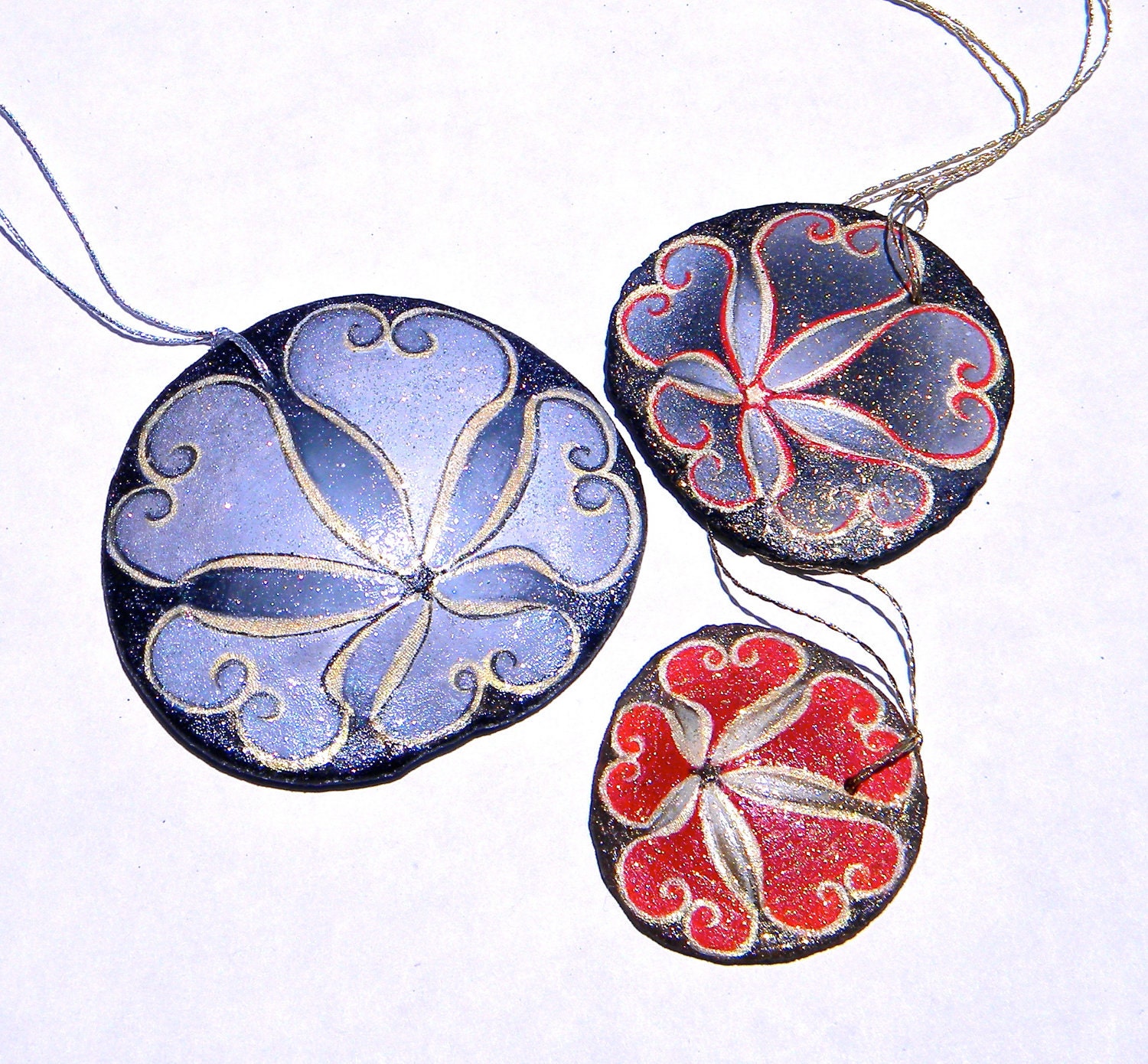 PIERROT Set of 3 Painted California Sand Dollar Ornaments