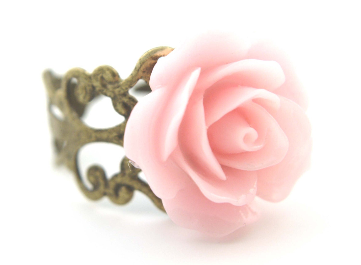 Pink Rose Ring - Flower Jewelry - Antique Bronze Ring - Vintage Style Jewellery - Adjustable Ring