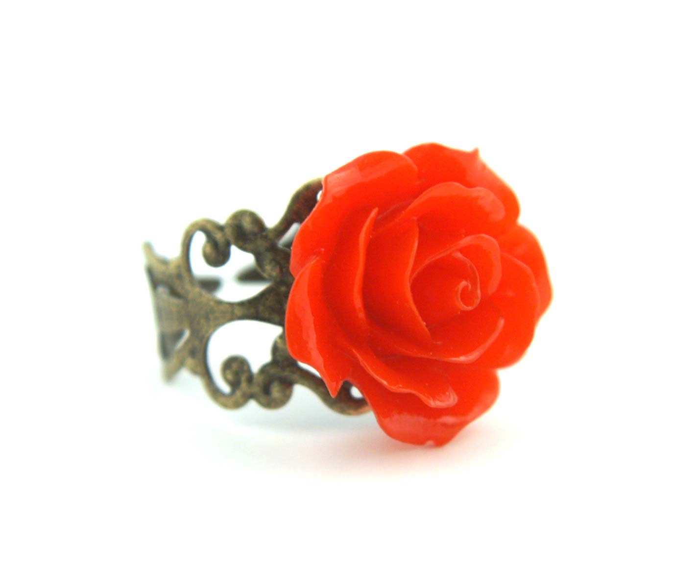 Red Rose Ring - Red Flower Jewelry - Vintage Bridesmaid Jewellery - Antique Bronze Filigree Ring - Gift Bag Included