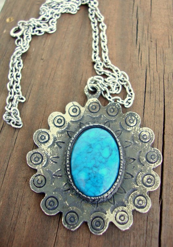 70s Boho Mandala,Southwestern, Aged Pewter Patina Vintage Necklace