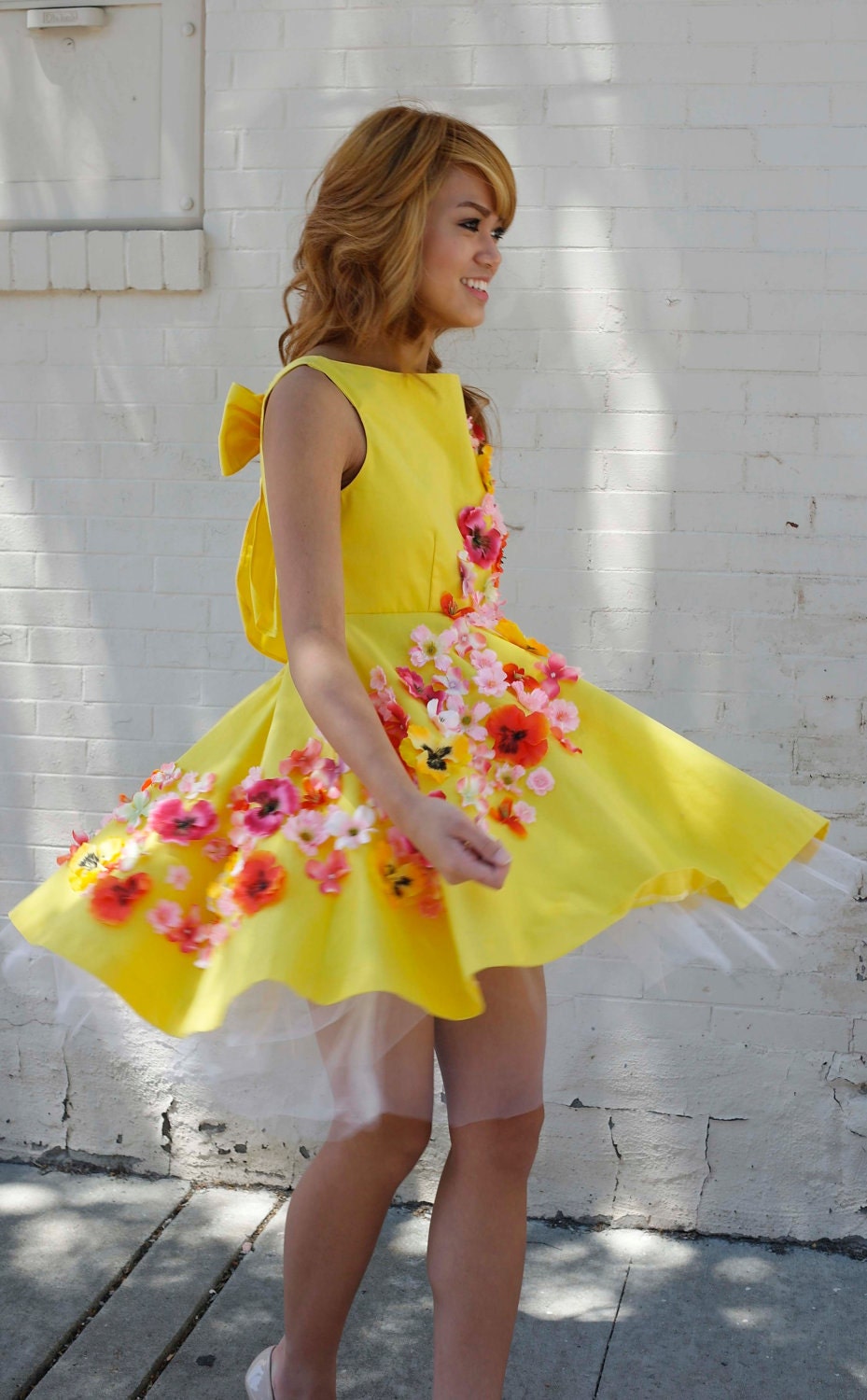 Yellow Dress - Pink Orange Flowers Bow on Back Cutout Inspired by Vintage