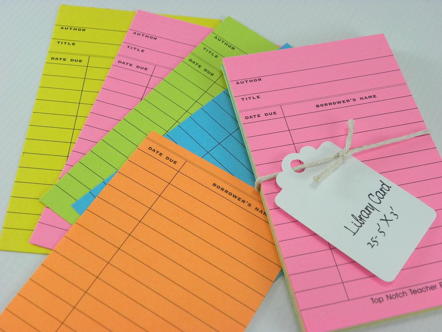 25 Library Cards Neon Colored Five different colors 3 X 5