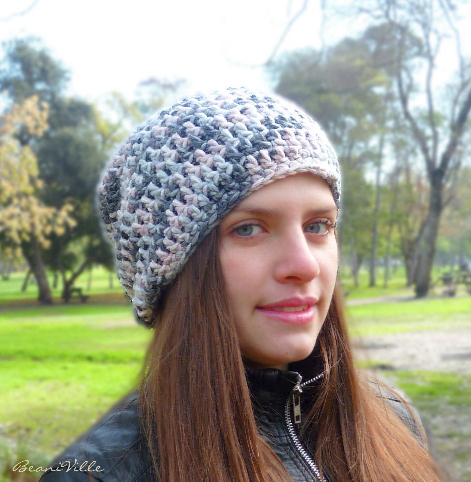 Slouchy beanie hat - MULTICOLOR - Light Pink/Off-White/Pearl Gray/Charcoal - chunky - crochet - womens Winter Autumn accessories Wool Woolen