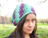 Slouchy beanie hat - MULTICOLOR Violet/Green/Light Blue - chunky - crochet - womens Winter Autumn accessories Wool Woolen